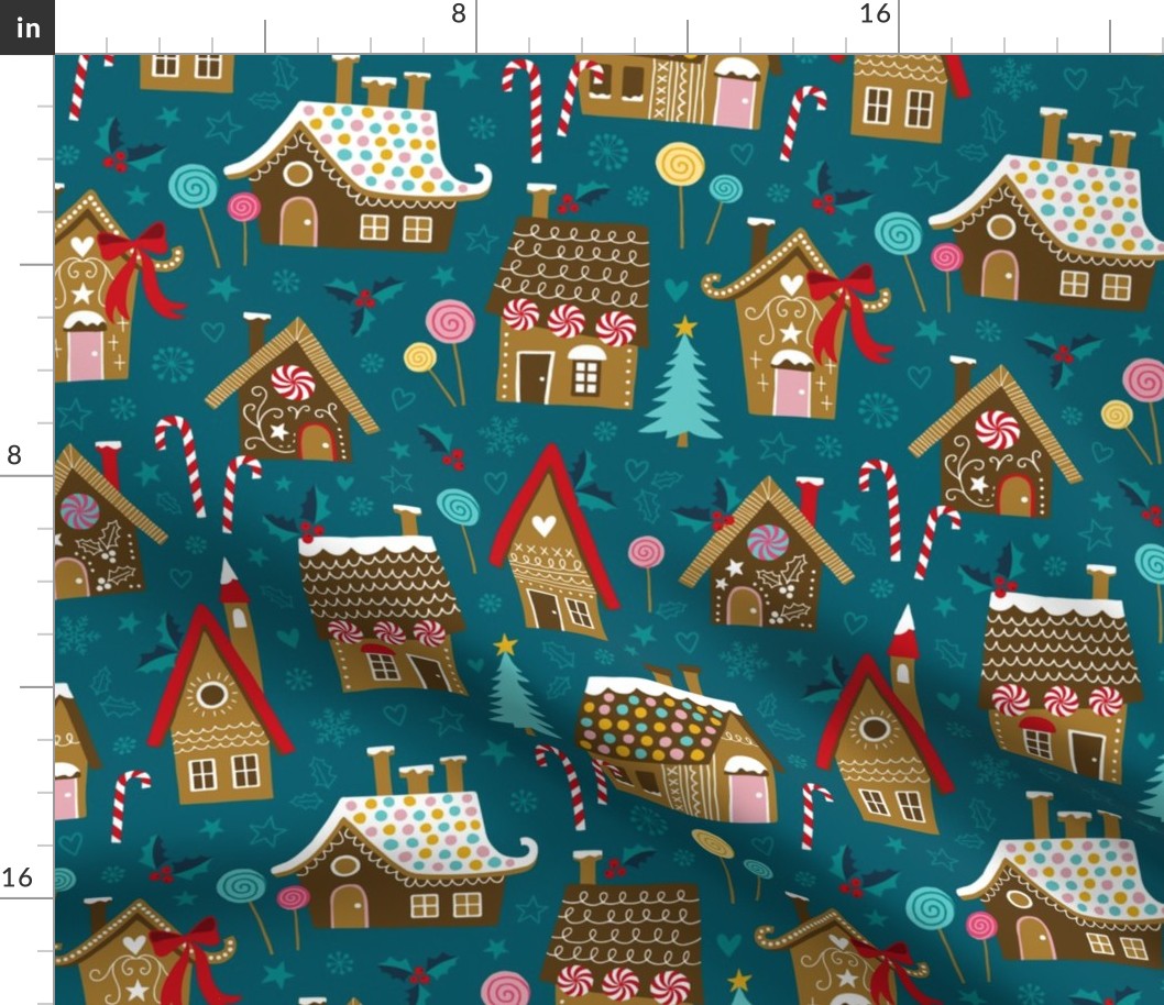Gingerbread village with candy teal