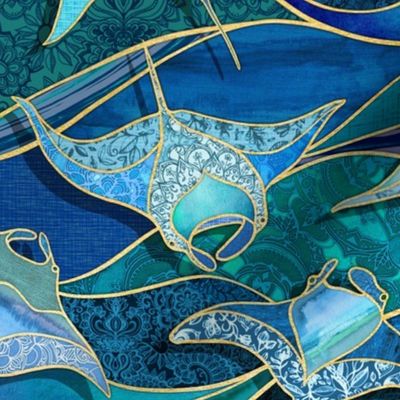 Patchwork Manta Rays in Sapphire and Turquoise Blue - large