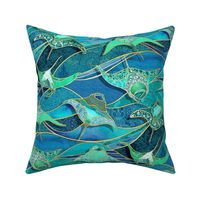 Patchwork Manta Rays in Teal Blue and Jade Green - large