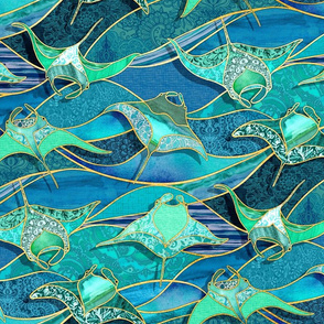 Patchwork Manta Rays in Teal Blue and Jade Green - large