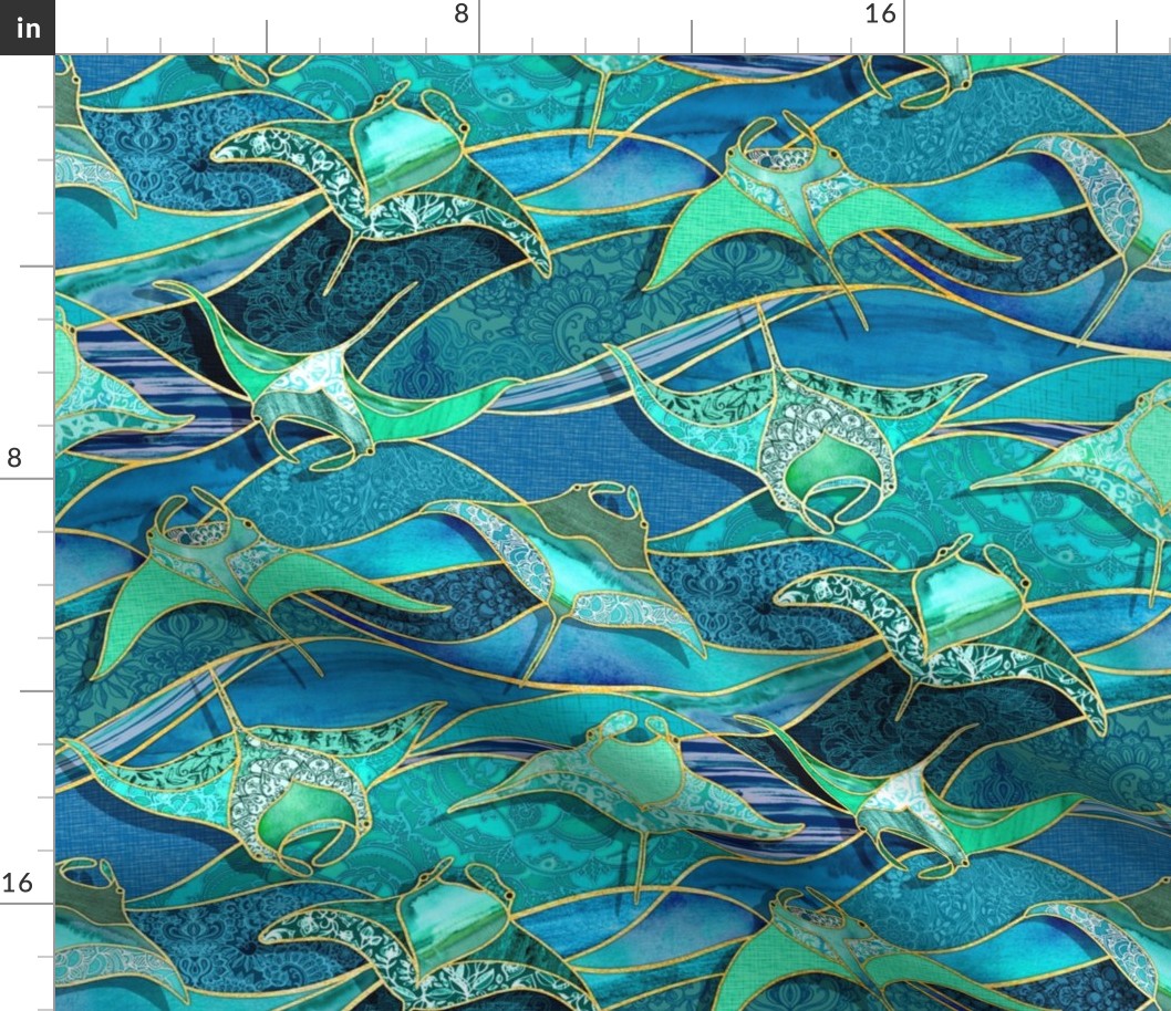 Patchwork Manta Rays in Teal Blue and Jade Green - large