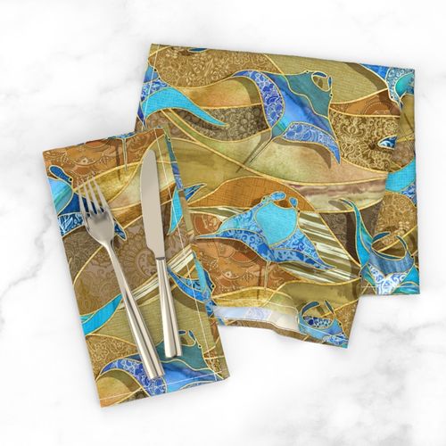 Patchwork Manta Rays in Turquoise and Golden Sand - large