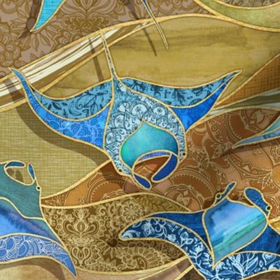 Patchwork Manta Rays in Turquoise and Golden Sand - large