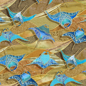 Patchwork Manta Rays in Turquoise and Golden Sand - large