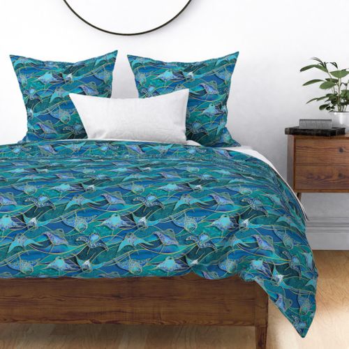 Patchwork Manta Rays in Ocean Blues - large