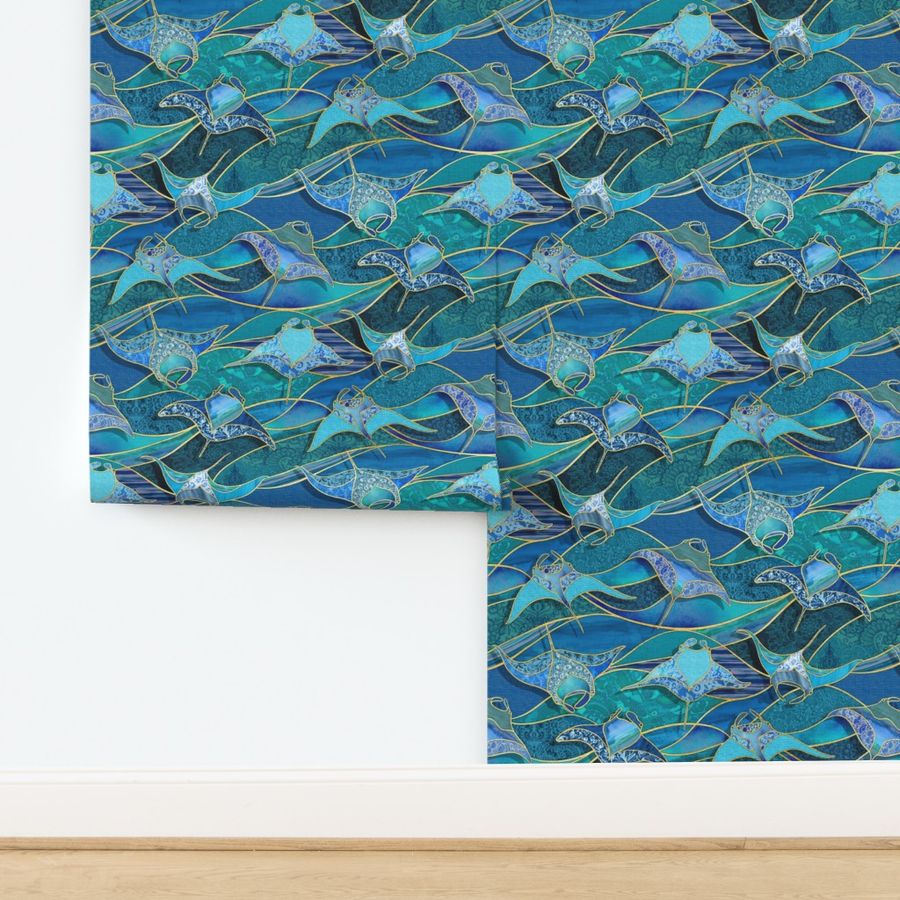 Patchwork Manta Rays in Ocean Blues - large