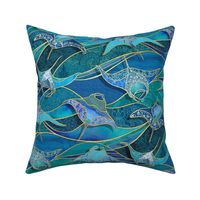 Patchwork Manta Rays in Ocean Blues - large