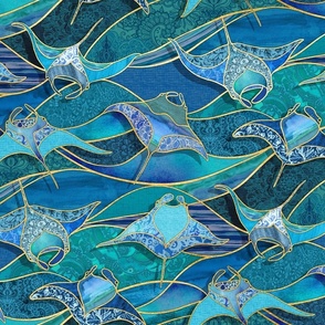 Patchwork Manta Rays in Ocean Blues - large