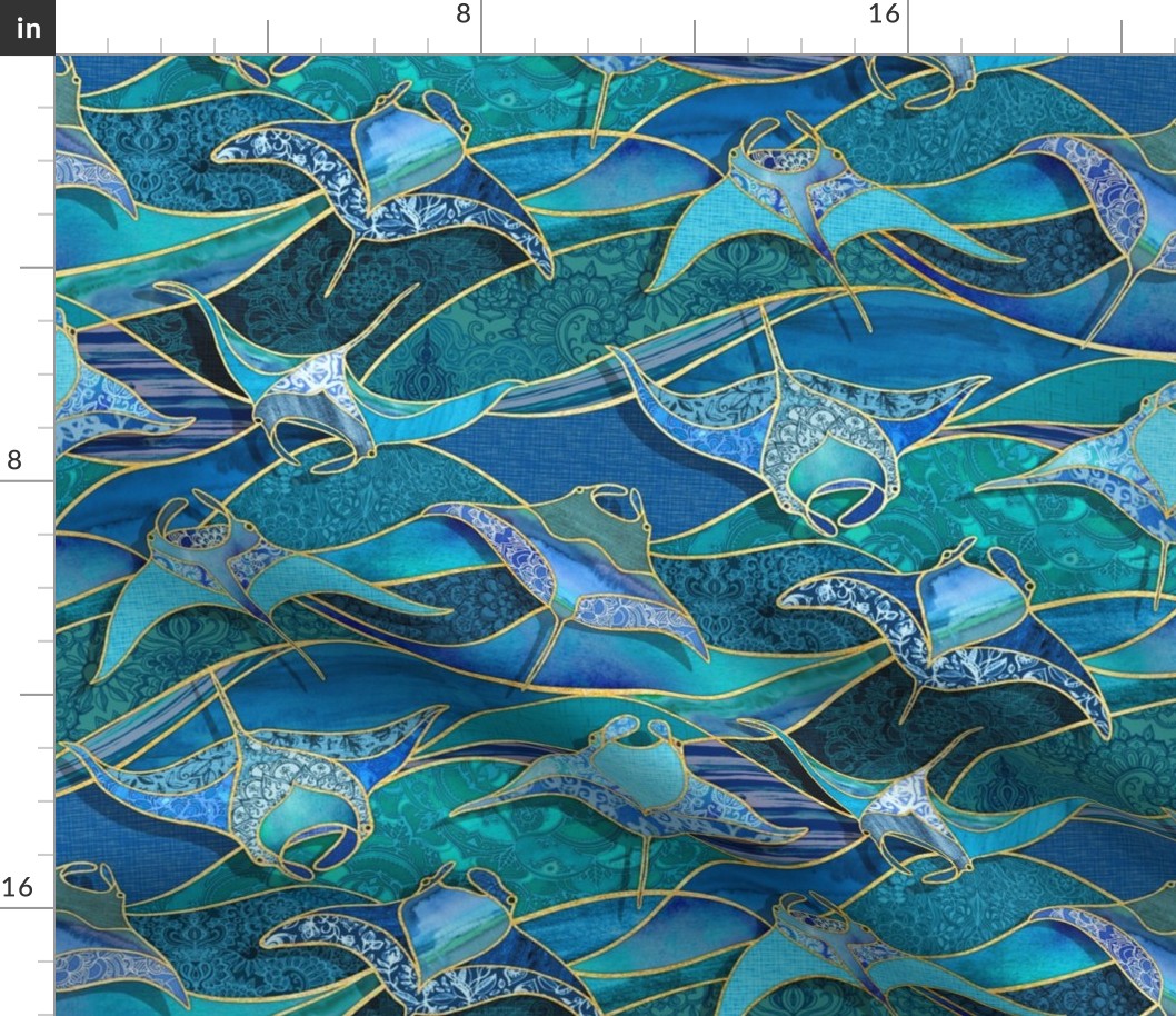 Patchwork Manta Rays in Ocean Blues - large