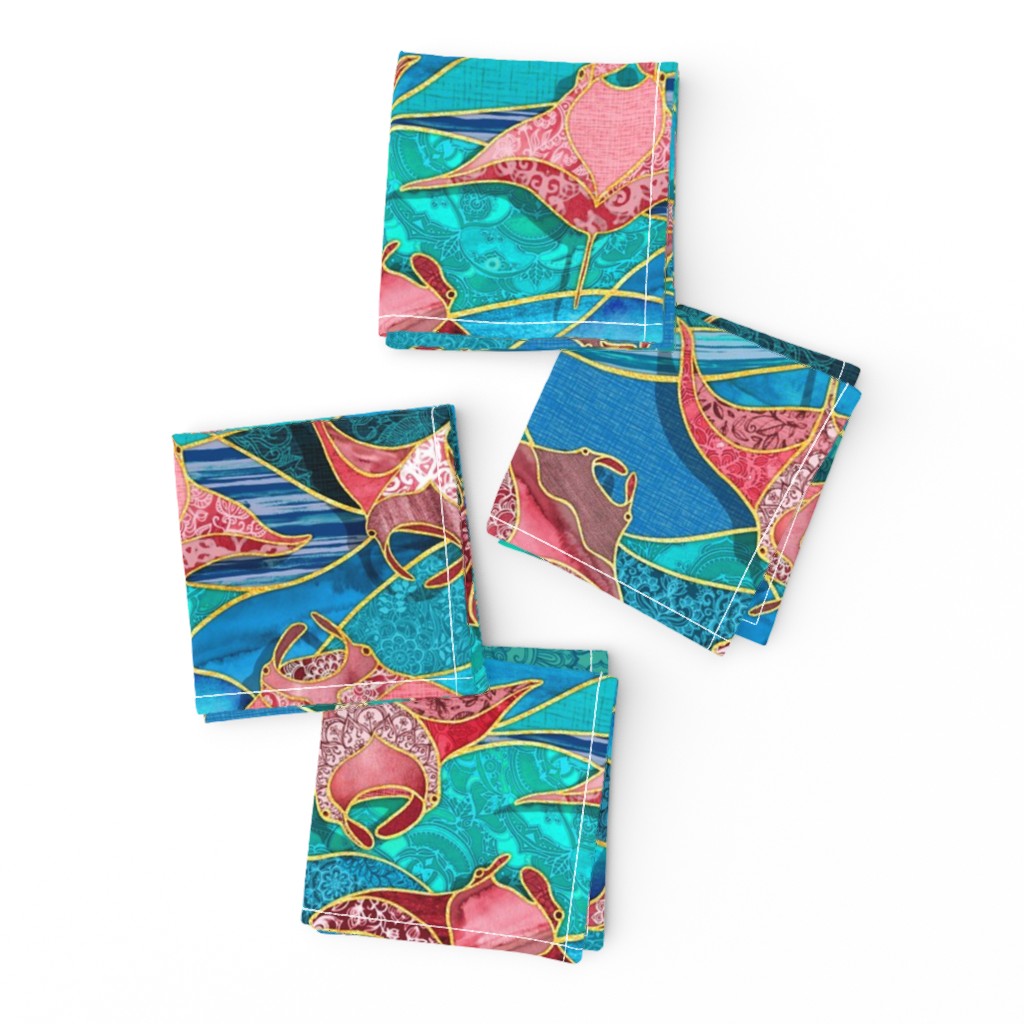 Patchwork Manta Rays in Turquoise Blue and Ruby - large