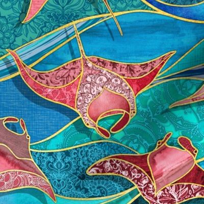 Patchwork Manta Rays in Turquoise Blue and Ruby - large