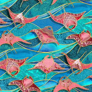 Patchwork Manta Rays in Turquoise Blue and Ruby - large