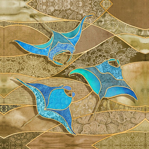 Manta Ray Quilting Square in Turquoise Blue and Golden Sand - 18"