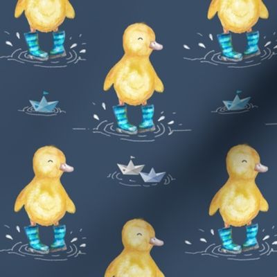 Yellow Duck in Wellies Splashing in the Rain Puddles Adventure Blue MED