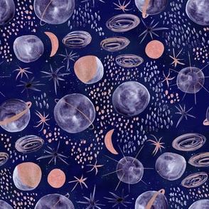 copper midnight planets - metallic watercolor in dark blue space