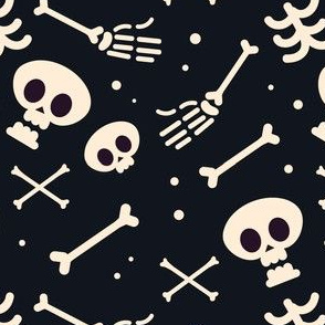 Halloween Skeletons on Black, Cute Halloween Fabric, Black and White Skeletons