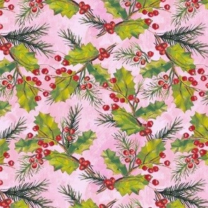Holly and Berries on Pink