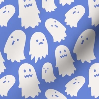Halloween Ghosts on Blue, Cute Halloween Fabric, Blue and White Ghosts