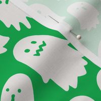 Halloween Ghosts on Green, Cute Halloween Fabric, Green and White Ghosts