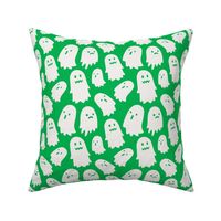 Halloween Ghosts on Green, Cute Halloween Fabric, Green and White Ghosts