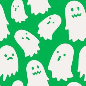 Halloween Ghosts on Green, Cute Halloween Fabric, Green and White Ghosts