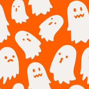 Halloween Ghosts on Orange, Cute Halloween Fabric, Orange and White Ghosts