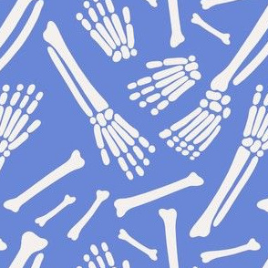 Halloween Skeletons on Blue, Cute Halloween Fabric, Blue and White Skeletons