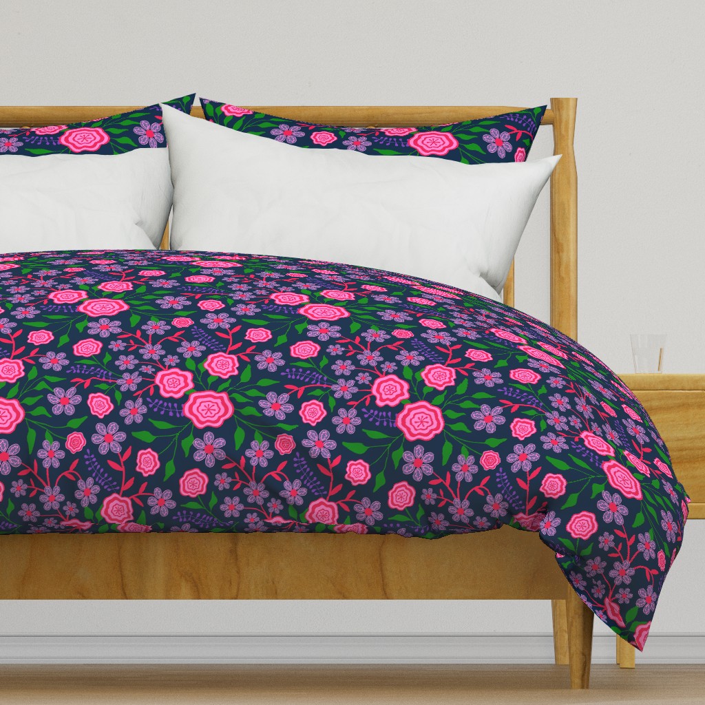 Mary Abstract Floral Botanical in Bright 1970s Retro Fuchsia Pink Green Lavender Purple on Dark Blue - LARGE SCALE - UnBlink Studio by Jackie Tahara