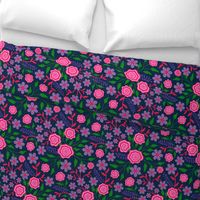Mary Abstract Floral Botanical in Bright 1970s Retro Fuchsia Pink Green Lavender Purple on Dark Blue - LARGE SCALE - UnBlink Studio by Jackie Tahara