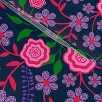 Mary Abstract Floral Botanical in Bright 1970s Retro Fuchsia Pink Green Lavender Purple on Dark Blue - LARGE SCALE - UnBlink Studio by Jackie Tahara