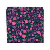 Mary Abstract Floral Botanical in Bright 1970s Retro Fuchsia Pink Green Lavender Purple on Dark Blue - LARGE SCALE - UnBlink Studio by Jackie Tahara