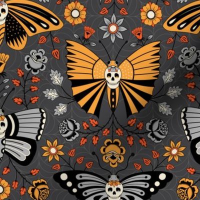 Butterflies and Skulls Orange on Dark