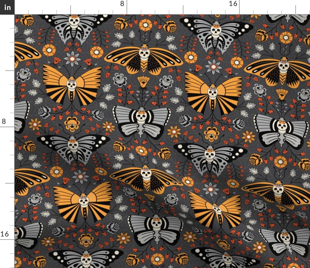 Butterflies and Skulls Orange on Dark