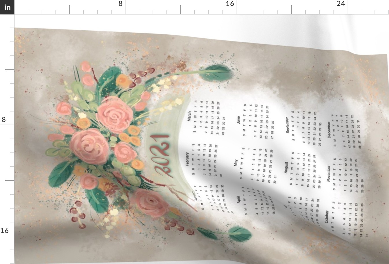 Floral calendar tea towel