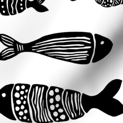 Fish in ethnic style. Black on white. 