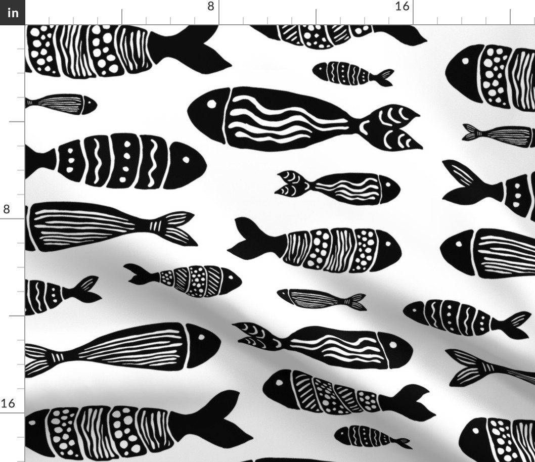 Fish in ethnic style. Black on white. 