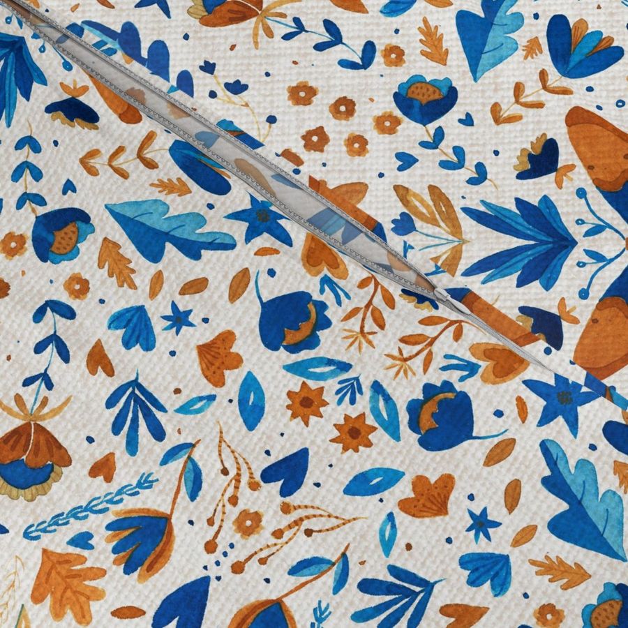 Watercolor blue and ochre butterfly pattern with folk flowers and linen texture