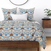 Watercolor blue and ochre butterfly pattern with folk flowers and linen texture