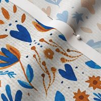 Watercolor blue and ochre butterfly pattern with folk flowers and linen texture