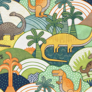 Happy Dinosaurs Large Scale- Autumn Colors- Dinosaur Adventure- Dinos Home Decor- Jumbo-  Green-  Orange- T-Rex and Friends- Kids Dino Wallpaper