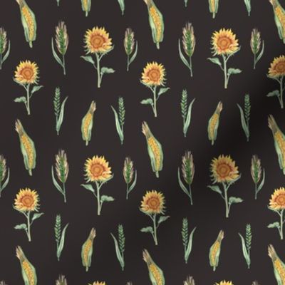 Sunflowers and corn Botanical Pattern Dark