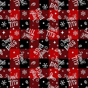 Jingle Balls, Tinsel Tits Tossed on red plaid - medium scale