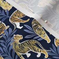 Tiny scale // Nouveau yellow tigers // navy blue background blue leaves white lines yellow gold animals