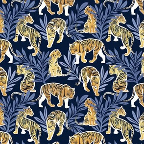 Tiny scale // Nouveau yellow tigers // navy blue background blue leaves white lines yellow gold animals