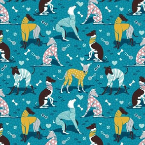 Tiny scale // Greyhounds dogwalk // turquoise background
