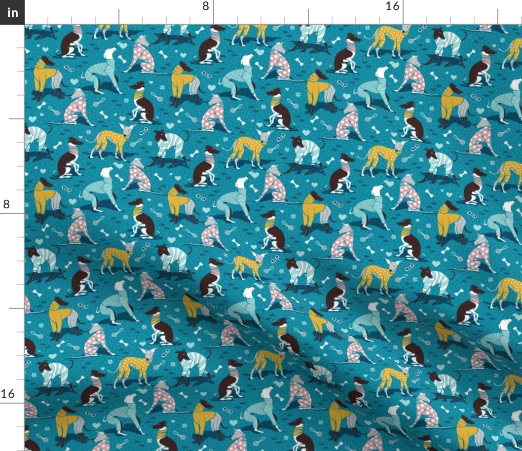 Tiny scale // Greyhounds dogwalk // turquoise background