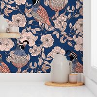 Quail and Wild Roses on Navy