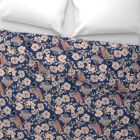 Quail and Wild Roses on Navy