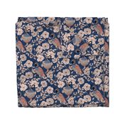 Quail and Wild Roses on Navy