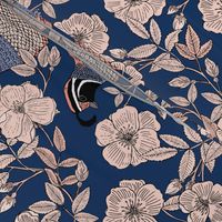 Quail and Wild Roses on Navy